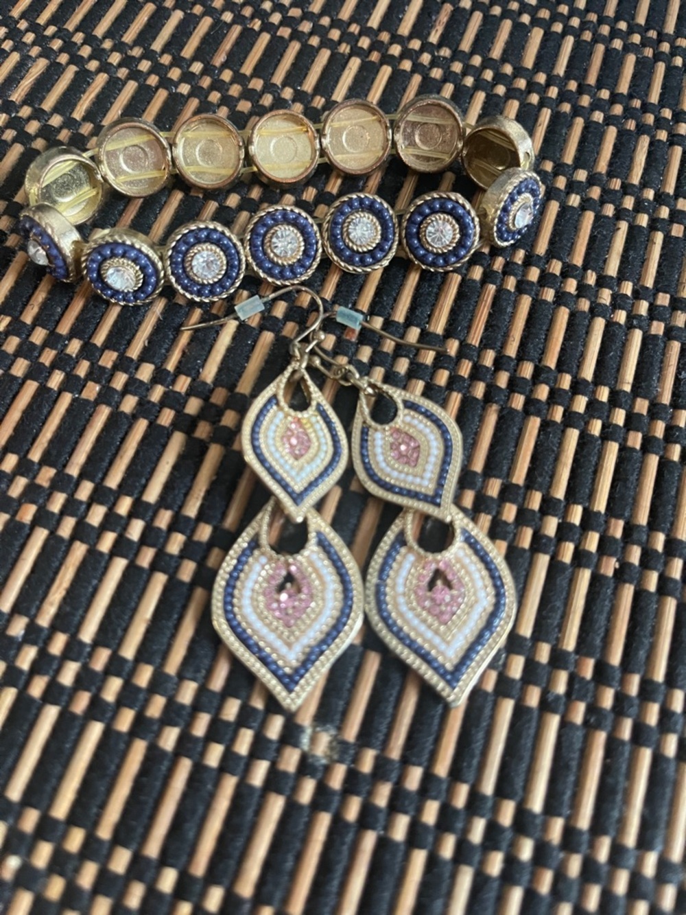 Gold-Tone Blue & Pink Beaded Drop Earrings and Bracelet Set